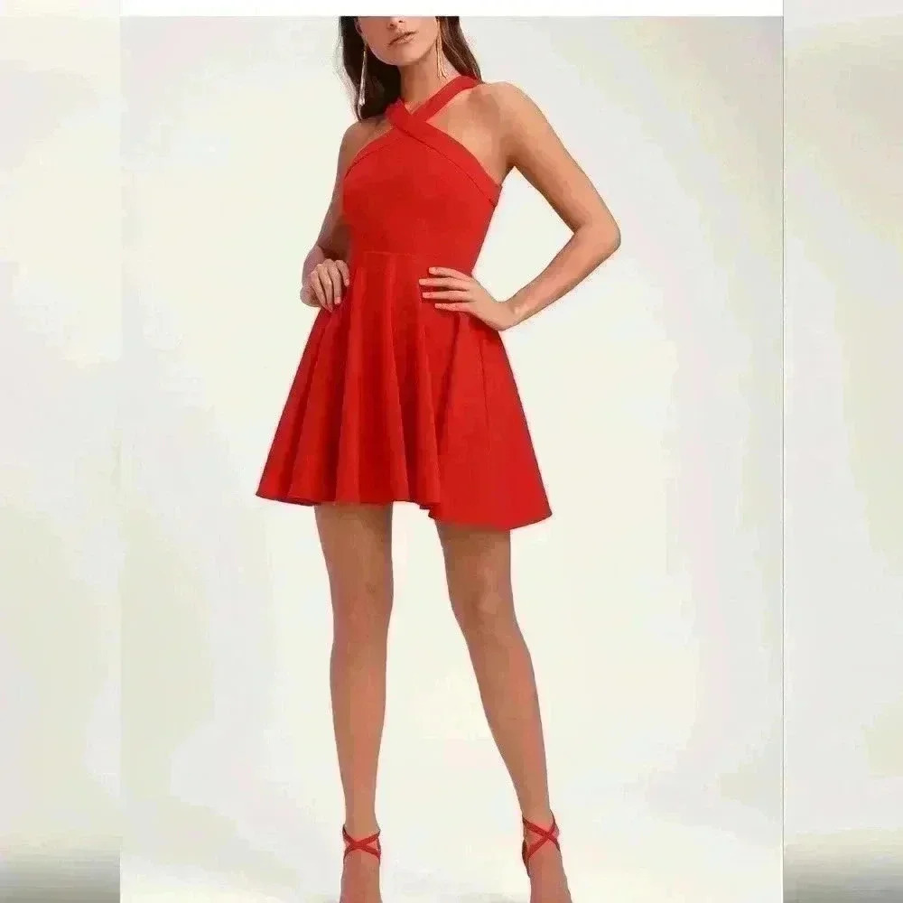 Lulus The Way You Look Tonight Skater Halter Dress Red Womens Size Medium